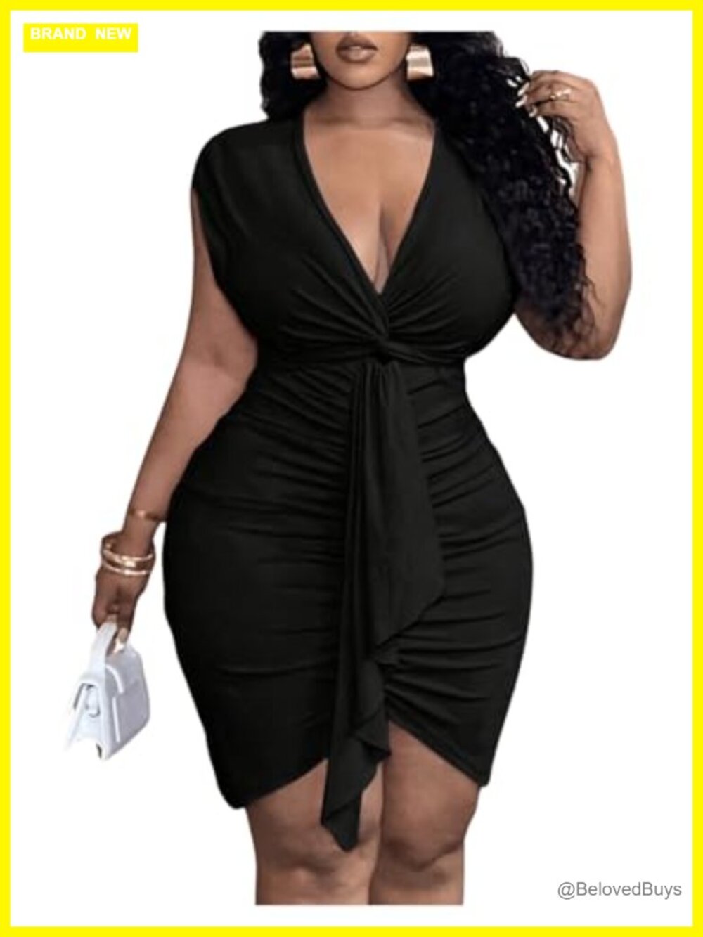 Plus Size Bodycon Party Dress Twist Front V Neck Sleeveless Ruched Mini